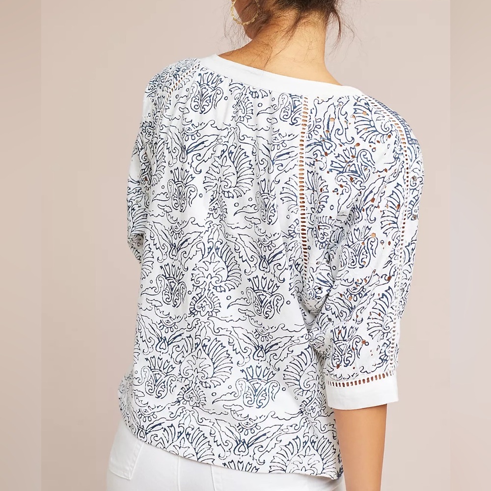 Anthropologie Maeve Ester Eyelet Embroidered Scalloped Blue White Top size XS/S - Picture 2 of 15